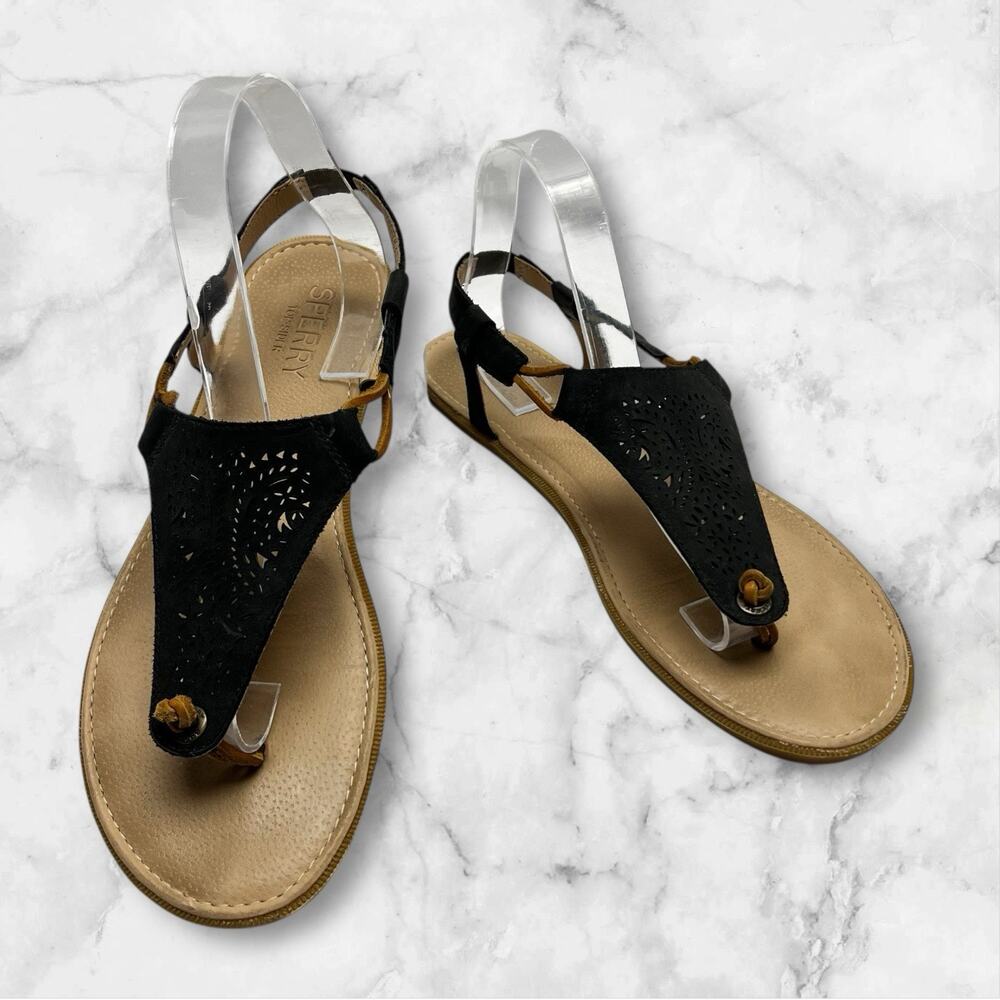 Sperry Top Sider Black Suede Laser T Strap Thong Sandal Women's Size 10.5/11